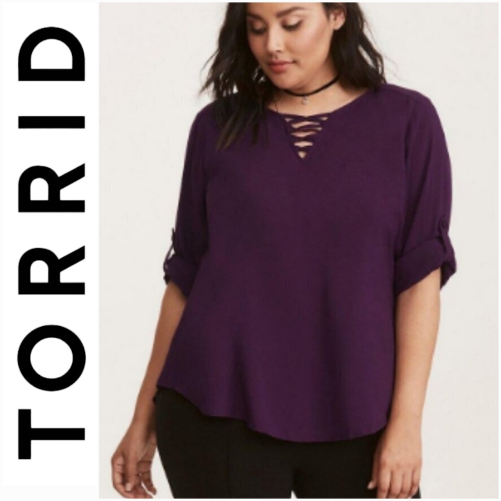 Torrid Challis Strappy Front Tab Sleeve Top Purple 3X EUC
